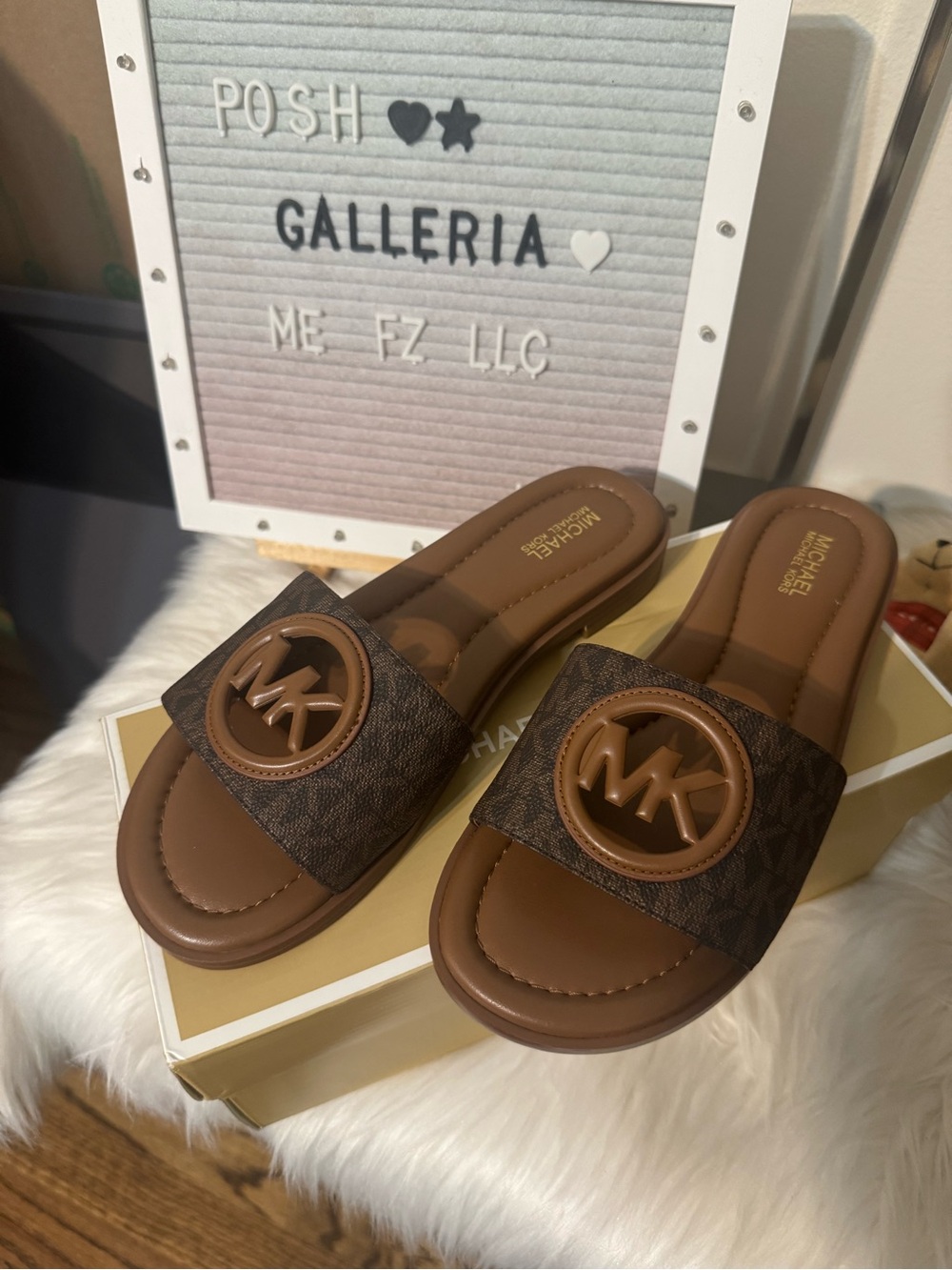 Michael Kors Brown Monogram MK Medallion Slide Sandals